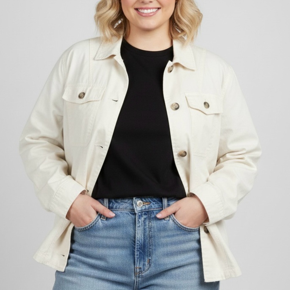OLD NAVY Cream Off White Button Front Utility Cargo Pocket Jacket Shacket XXL